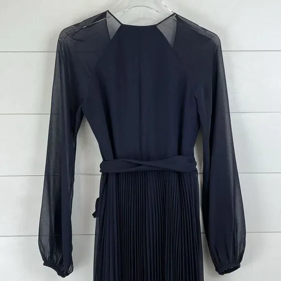 Badgley Mischka Collection Long Sleeve Pleated Wrap Gown Maxi Dress Midnight 4 - Picture 9 of 11